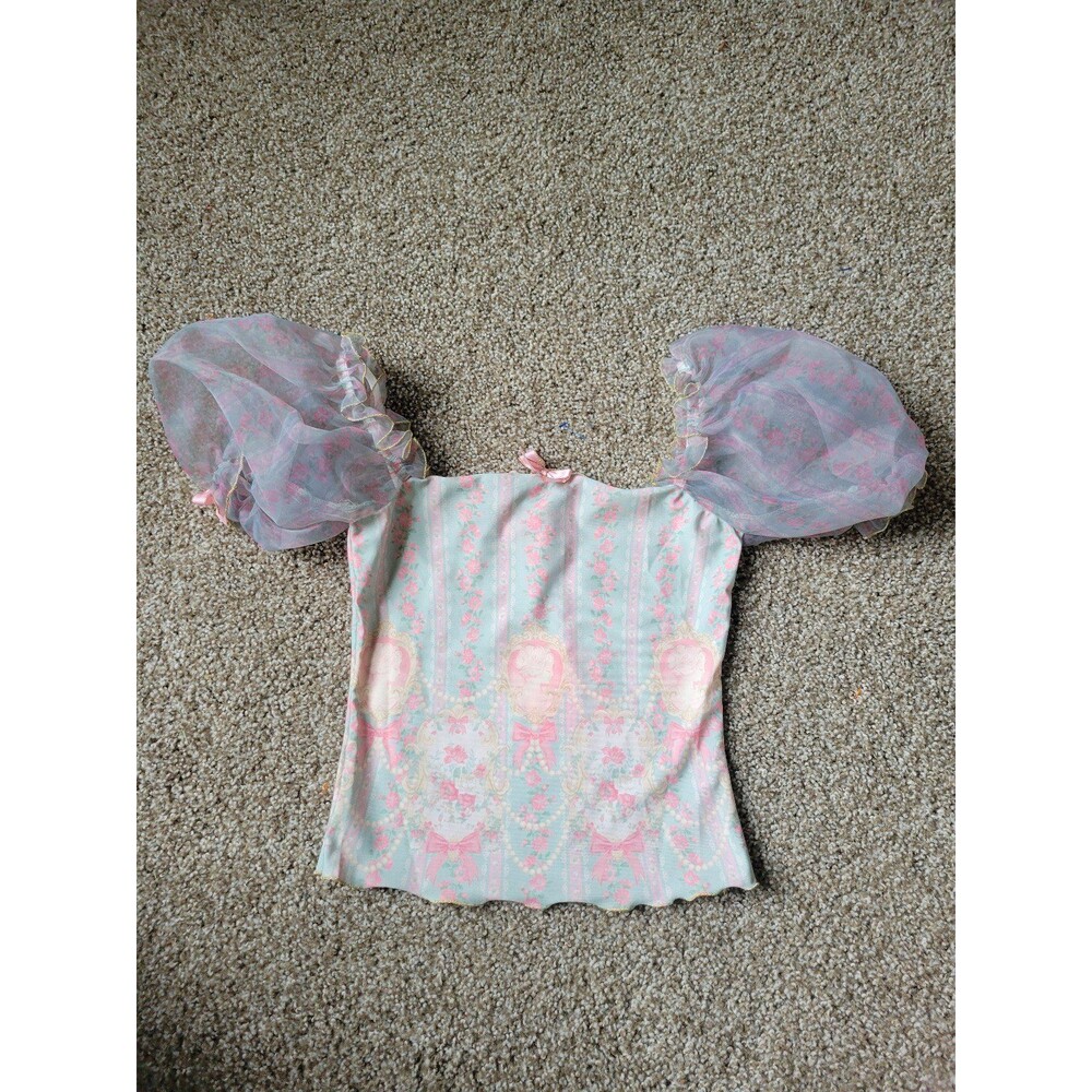 NWT Dolls kill Sugar Thrillz Blue and Pink Cameo Puff Sleeve Crop top